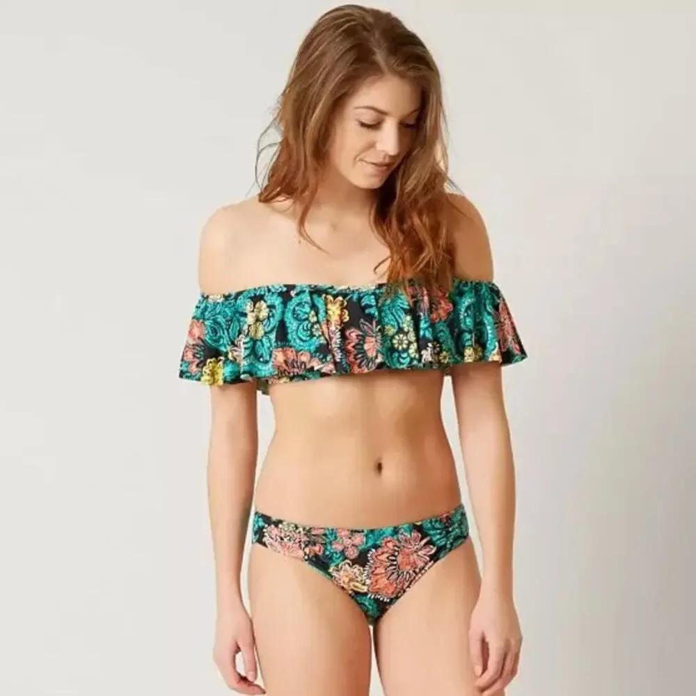 Splendid Farmhouse Floral Bandeau Ruffle Bikini SET Swimsuit Women's Large $132